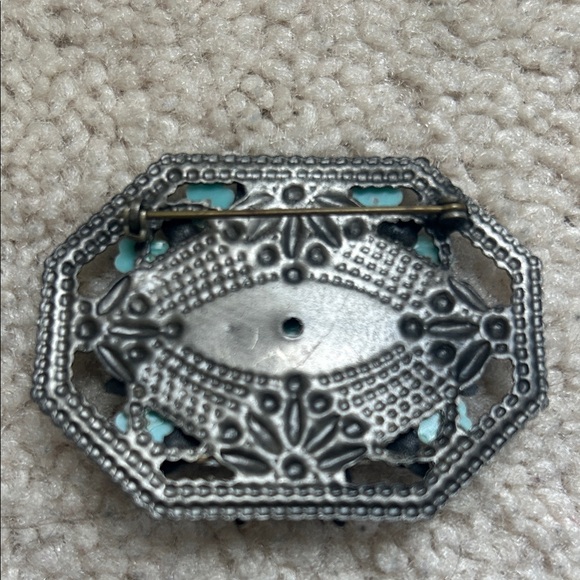 Vtg Victorian Revival Aqua Flower Brooch Silver Tone Turquoise Rose Pin Boho - Picture 4 of 5